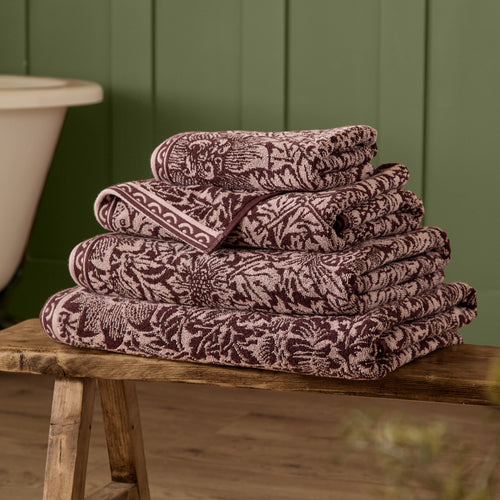 Floral Purple Bathroom - Bird & Anemone 100% Cotton Jacquard Towels Plum Morris & Co