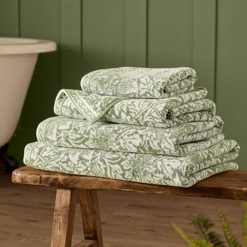 Floral Green Bathroom - Bird & Anemone 100% Cotton Jacquard Towels Sage Green Morris & Co