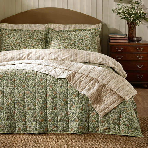Floral Green Bedding - Bird & Pomegranate 100% Cotton Bedspread Herbal Green Morris & Co
