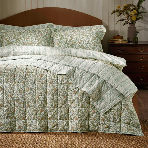 Floral Green Bedding - Bird & Pomegranate 100% Cotton Bedspread Sage Morris & Co