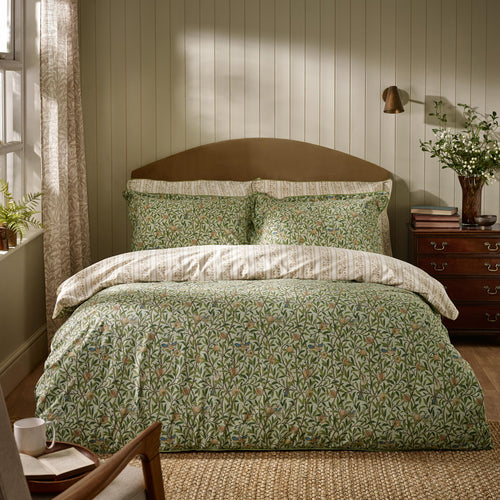 Floral Green Bedding - Bird & Pomegranate Reversible 100% Cotton Duvet Cover Set Herbal Green Morris & Co