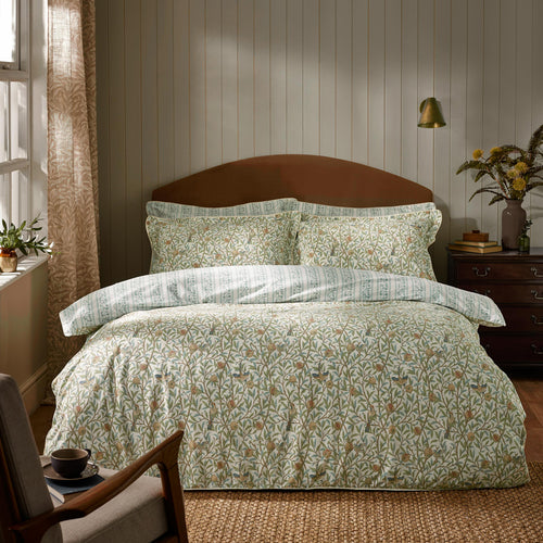 Floral Green Bedding - Bird & Pomegranate Reversible 100% Cotton Duvet Cover Set Sage Morris & Co