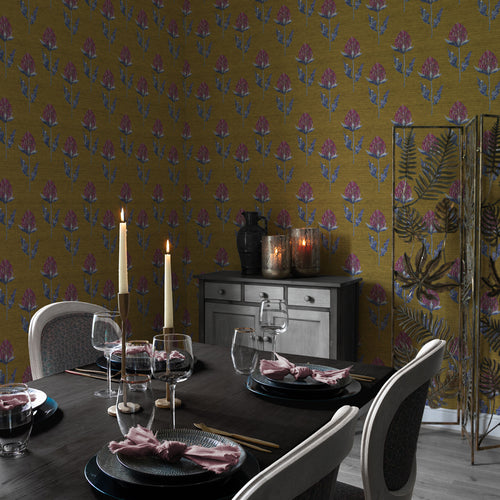 Floral Gold Wallpaper - Bram  1.4m Wide Width Wallpaper (By The Metre) Gold Voyage Maison