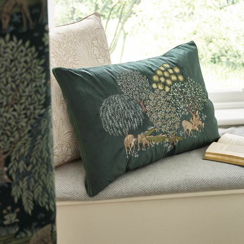 Animal Green Cushions - Brook Embroidered Velvet Feather Rich Filled Cushion Forest Green Morris & Co