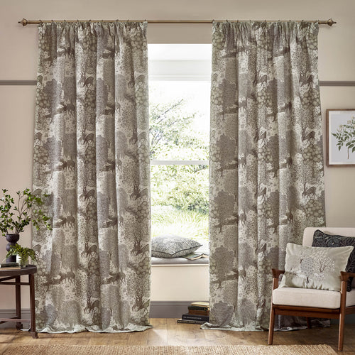 Woodland Beige Curtains - Brook Woodland Jacquard Pencil Pleat Curtains Linen Morris & Co