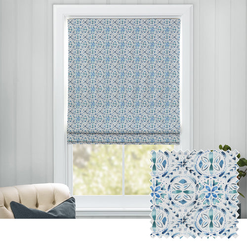 Geometric Blue M2M - Casia Printed Cotton Made to Measure Roman Blinds Denim Voyage Maison