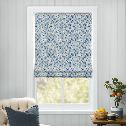 Geometric Blue M2M - Casia Printed Cotton Made to Measure Roman Blinds Denim Voyage Maison