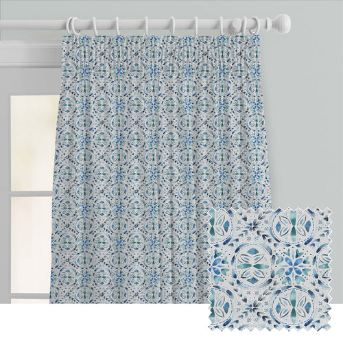 Geometric Blue M2M - Casia Printed Cotton Made to Measure Curtains Denim Voyage Maison