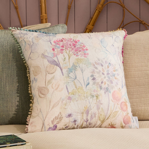 Floral Pink Cushions - Country Hedgerow Printed Square Feather Filled Cushions Cream Voyage Maison