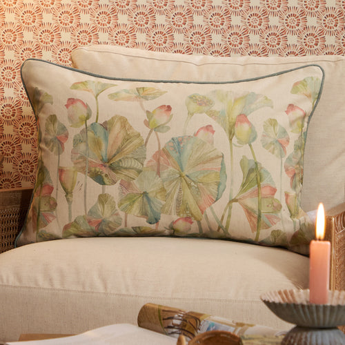 Floral Green Cushions - Cheriton Printed Piped Feather Filled Cushions Pomegranate Voyage Maison