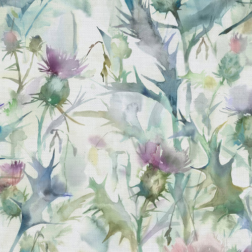 Floral Green Fabric - Cirsium Thistle Printed Oil Cloth Fabric Damson Voyage Maison