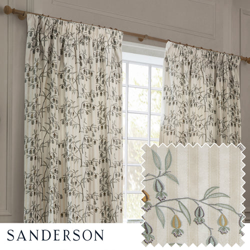 Floral Beige Curtains - Chinese Lanterns Embroidered Pencil Pleat Curtains Linen Sanderson