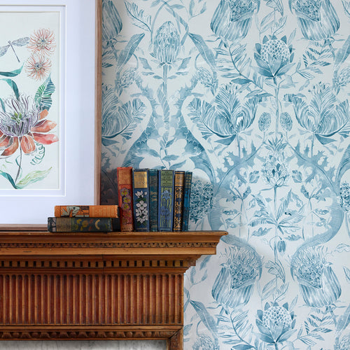 Floral Blue Wallpaper - Colscott  1.4m Wide Width Wallpaper (By The Metre) Teal Voyage Maison