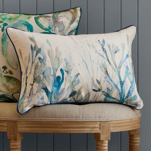 Floral Blue Cushions - Coral Reef Printed Piped Feather Filled Cushions Cobalt Voyage Maison