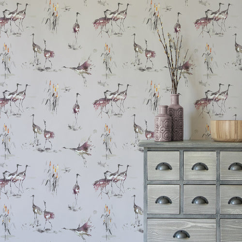 Animal Pink Wallpaper - Cranes  1.4m Wide Width Wallpaper (By The Metre) Tourmaline Voyage Maison