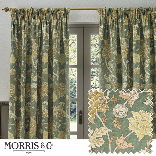 Floral Green Curtains - Cray Floral Velvet Pencil Pleat Curtains Sage/Sunflower Morris & Co