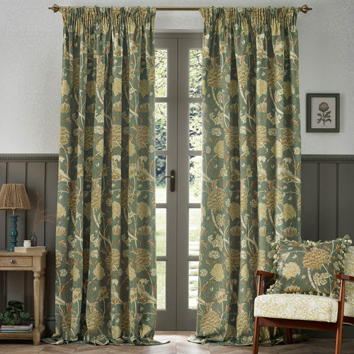 Floral Green Curtains - Cray Floral Velvet Pencil Pleat Curtains Sage/Sunflower Morris & Co