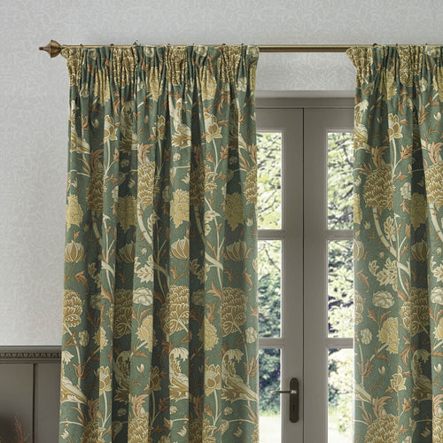 Floral Green Curtains - Cray Floral Velvet Pencil Pleat Curtains Sage/Sunflower Morris & Co