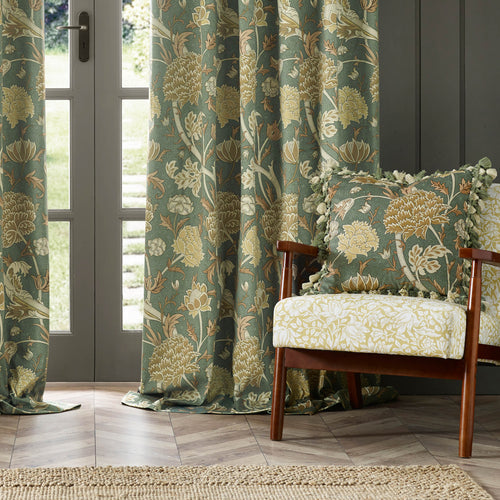 Floral Green Curtains - Cray Floral Velvet Pencil Pleat Curtains Sage/Sunflower Morris & Co