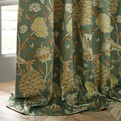 Floral Green Curtains - Cray Floral Velvet Pencil Pleat Curtains Sage/Sunflower Morris & Co