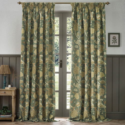 Floral Green Curtains - Cray Floral Velvet Pencil Pleat Curtains Sage/Sunflower Morris & Co