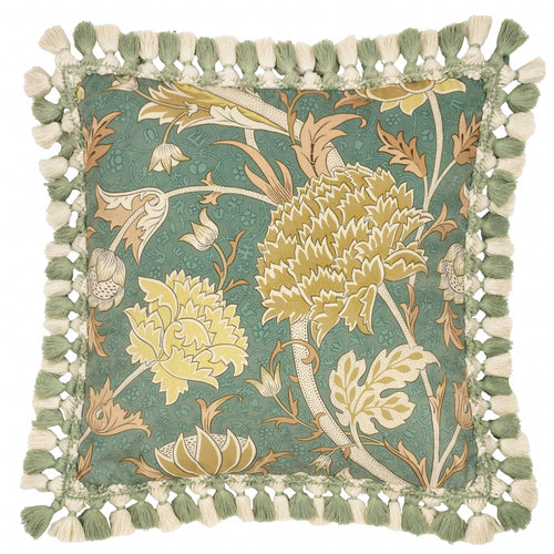 Floral Green Cushions - Cray Tasselled Velvet Feather Rich Filled Cushion Sage/Sunflower Morris & Co