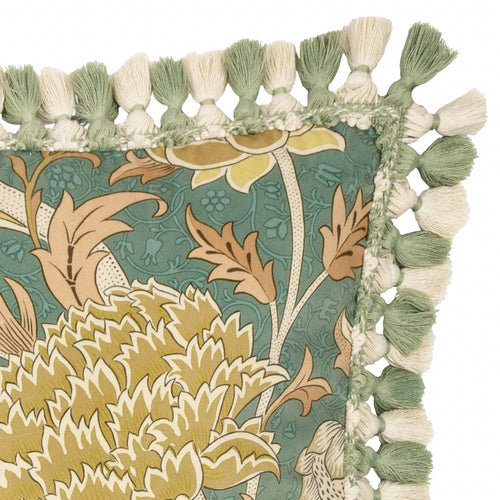 Floral Green Cushions - Cray Tasselled Velvet Feather Rich Filled Cushion Sage/Sunflower Morris & Co