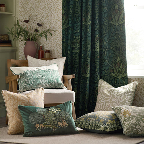 Floral Green Cushions - Cray Tasselled Velvet Feather Rich Filled Cushion Sage/Sunflower Morris & Co