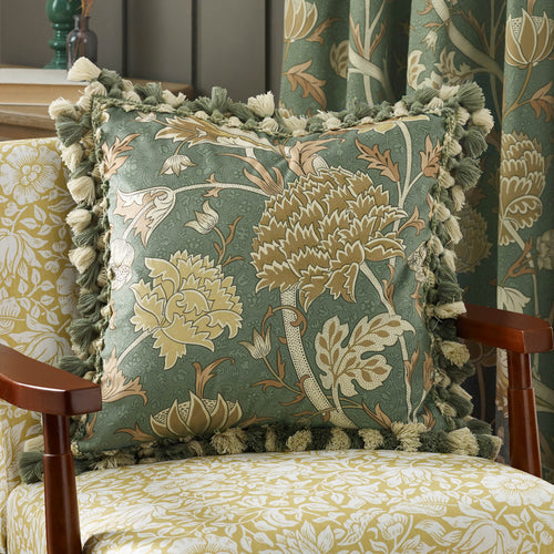 Floral Green Cushions - Cray Tasselled Velvet Feather Rich Filled Cushion Sage/Sunflower Morris & Co