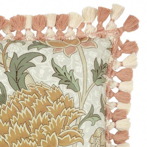 Floral Beige Cushions - Cray Tasselled Velvet Feather Rich Filled Cushion Stone/Clay Morris & Co