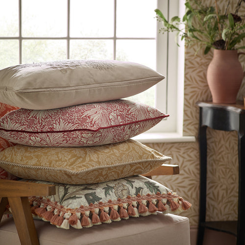 Floral Beige Cushions - Cray Tasselled Velvet Feather Rich Filled Cushion Stone/Clay Morris & Co