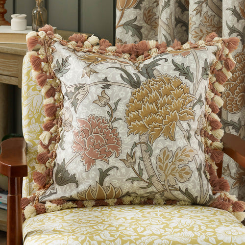Floral Beige Cushions - Cray Tasselled Velvet Feather Rich Filled Cushion Stone/Clay Morris & Co