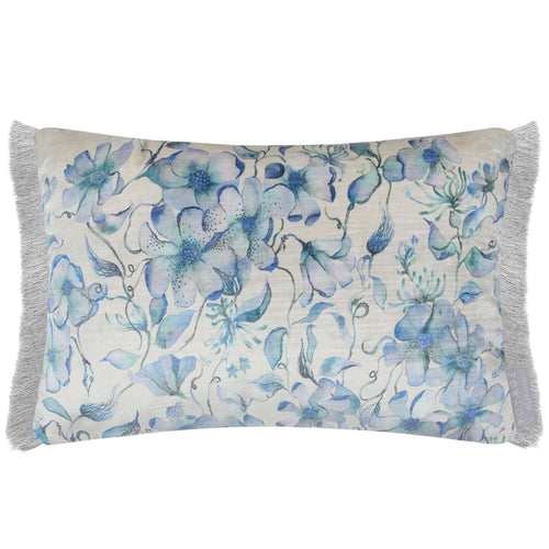 Damask Blue Cushions - Daphne Printed Ruche Fringe Feather Filled Cushion Blue Voyage Maison