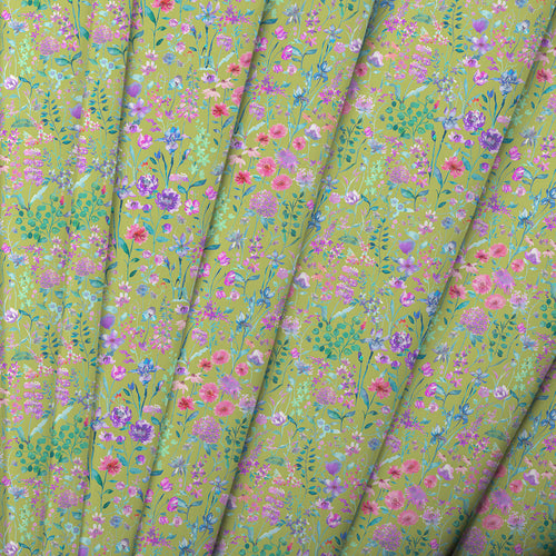Floral Green Fabric - Prado Flores Printed Fine Lawn Cotton Apparel Fabric (By The Metre) Lime Voyage Maison