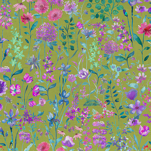  Samples - Prado de Flores Poplin Printed Fabric Sample Swatch Parma Violet Lime Voyage Maison