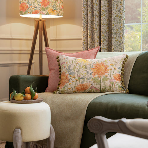 Floral Green Cushions - Delamere Printed Pom Pom Feather Filled Cushion Linen Voyage Maison