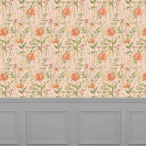 Floral Orange Wallpaper - Delamere  1.4m Wide Width Wallpaper (By The Metre) Apricot Voyage Maison