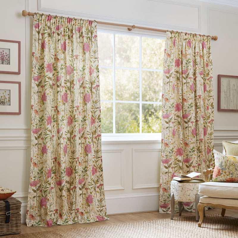 Floral Pink Curtains - Delamere Printed Pencil Pleat Curtains Blossom Voyage Maison