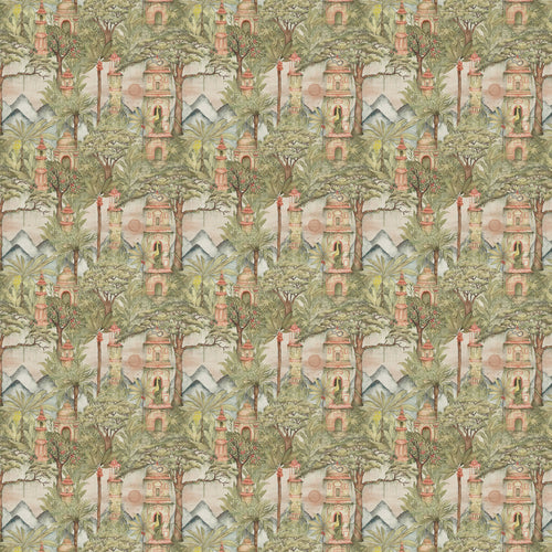 Jungle Green Fabric - Eden Ruins Printed Cotton Fabric Green Voyage Maison