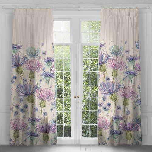 Floral Purple Curtains - Eilean Donan Printed Pencil Pleat Curtains Thistle Damson Voyage Maison
