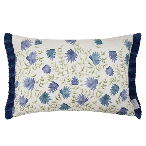 Floral Blue Cushions - Elai Printed Ruche Fringe Feather Filled Cushion Denim Voyage Maison
