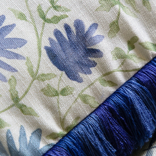 Floral Blue Cushions - Elai Printed Ruche Fringe Feather Filled Cushion Denim Voyage Maison