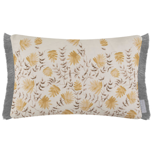Floral Yellow Cushions - Elai Printed Ruche Fringe Feather Filled Cushion Stone Voyage Maison