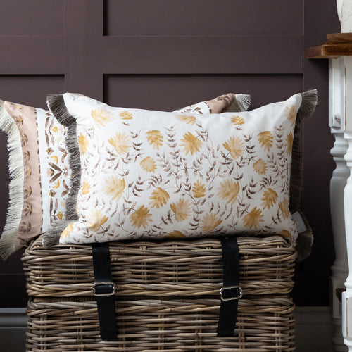 Floral Yellow Cushions - Elai Printed Ruche Fringe Feather Filled Cushion Stone Voyage Maison