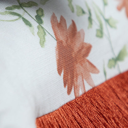 Floral Orange Cushions - Elai Printed Ruche Fringe Feather Filled Cushion Terracotta Voyage Maison