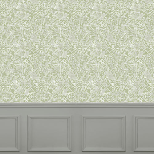 Floral Green Wallpaper - Elstow  1.4m Wide Width Wallpaper (By The Metre) Meadow Voyage Maison