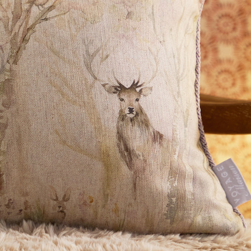 Woodland Cream Cushions - Enchanted Forest Printed Piped Feather Filled Cushions Cream Voyage Maison