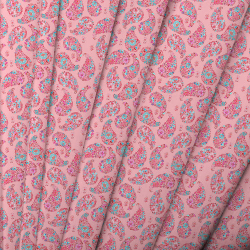 Floral Pink Fabric - Rafiya Printed Fine Lawn Cotton Apparel Fabric (By The Metre) Flamingo Voyage Maison