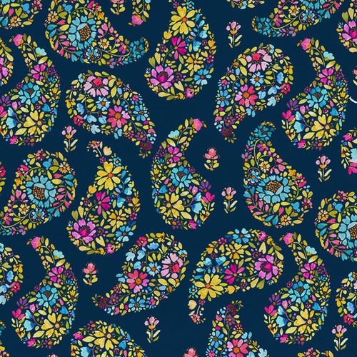 Floral Blue Fabric - Rafiya Printed Fine Lawn Cotton Apparel Fabric (By The Metre) Summer Navy Voyage Maison