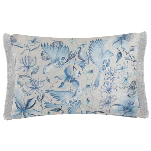 Damask Blue Cushions - Floella Printed Ruche Fringe Feather Filled Cushion Blue Voyage Maison